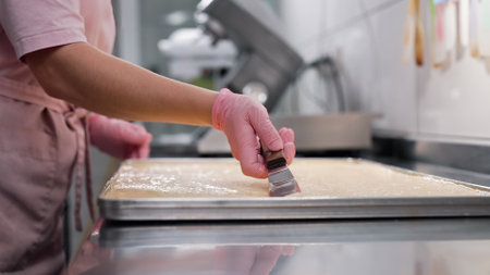 Pastry chef smooths surface of batter on baking parchment. Cooking sponge cakeの写真素材