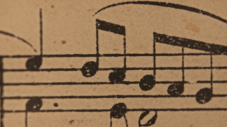 Macro of aged book with music notes sheet. Educational symbols musicianの写真素材