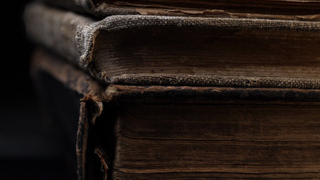 Aged Book Spines In Macro. Vintage Texture, Timeworn Details. Frayed edges pagesの写真素材
