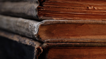 Aged Book Spines In Macro. Vintage Texture, Timeworn Details. Frayed edges pages