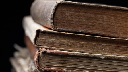 Aged Book Spines In Macro. Vintage Texture, Timeworn Details. Frayed edges pagesの写真素材