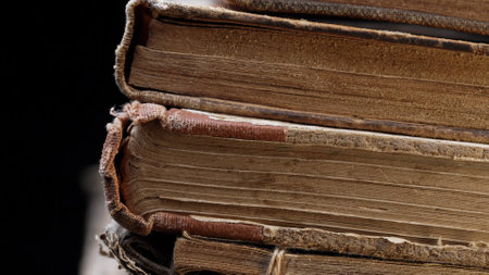 Aged Book Spines In Macro. Vintage Texture, Timeworn Details. Frayed edges pagesの写真素材