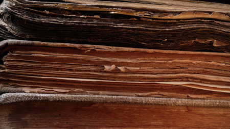 Aged Book Spines In Macro. Vintage Texture, Timeworn Details. Frayed edges pagesの写真素材