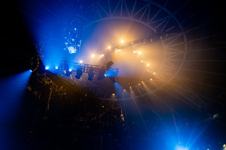 Light equipment under the stage on night concert, music festival, show fest.