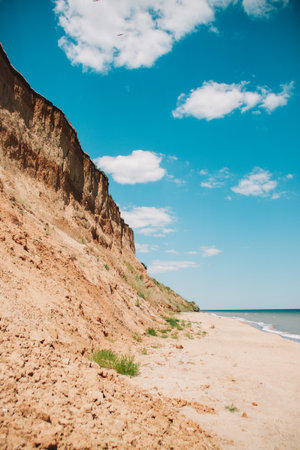 Coastal cliffs of Sanzhiyka, Ukraine. Natural landscape steep slopes, sea, sky.の写真素材