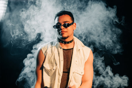 Freaky Clubber Man In Sunglasses Smiling, Stylish Guy Portrait In Neon Light