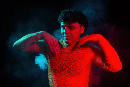 Clubber Man Dressed In Transparent Lace Net Dancing In Neon Light, Smoke Studio