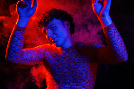 Clubber Man Dressed In Transparent Lace Net Dancing In Neon Light, Smoke Studio