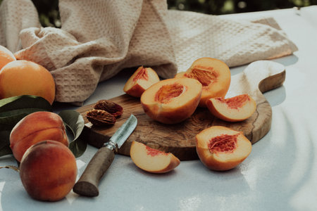 Ripe Peaches On Olive Wood Board, Rustic. Organic Juicy Peach. Healthy Eating