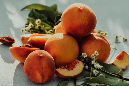 Still Life Of Ripe Peaches And Nectarine.healthy Harvest From Home Rustic Garden