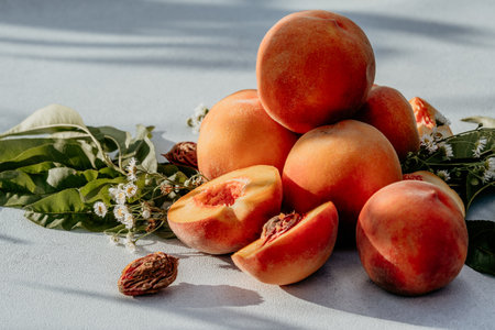 Still Life Of Ripe Peaches And Nectarine.healthy Harvest From Home Rustic Garden