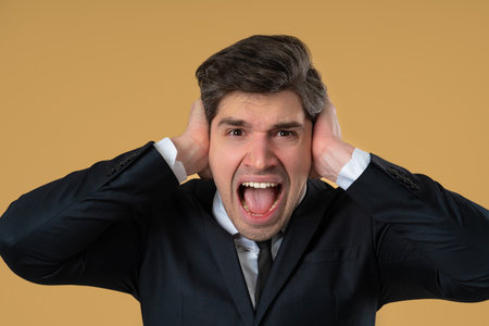 Shouting Businessman Heard Bad News. Mature Boss Leader Scream, Fear, Shock
