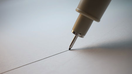 Macro Close-Up Of Fineliner Pen Drawing Straight Line On White Paper, Ink Flow