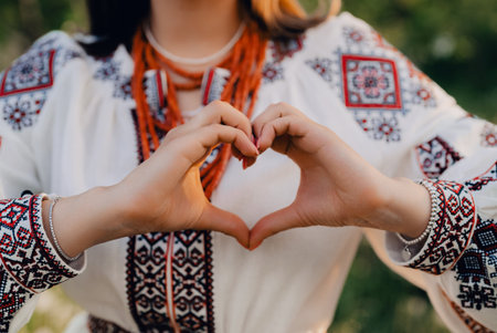 Ukrainian Woman In Traditional Embroidery Vyshyvanka Dress Making Sign Of Shape