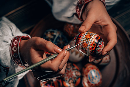 Ukrainian woman painting traditional ornamets on Easter egg - pysanka.の写真素材