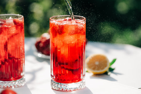 Amazing iced strawberry lemonade drinks. Still life, mojito cocktails for two.の写真素材