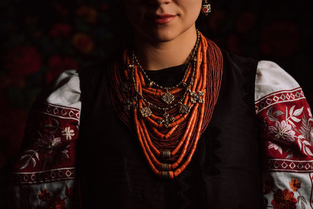 Ukrainian Woman In Legacy Ancient Coral Beads, Zgarda. Authentic Traditional.