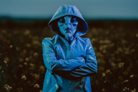 Spooky Alien Under Green Neon Light. Scary Mask, Vinyl Smooth Raincoat. Ufoの写真素材