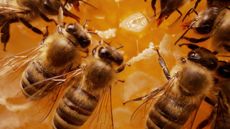 Bees Swarming In Honeycomb, Super Macro. Insects Working Beehive, Honey
