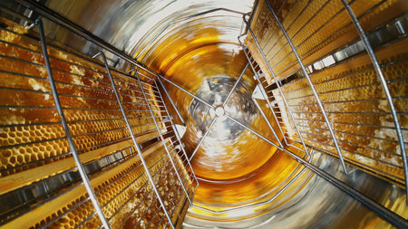 Honey frames spinning inside metal centrifuge barrel during manual extraction. Apiarist operates traditional process, showcasing raw honey harvesting in organic apiary. Beekeeping, food productionの写真素材