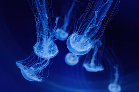 Bioluminescent Jellyfishes Floating Effortlessly, Glowing Softly In Deep Sea