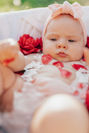 Cute baby girl sitting in bathtub filled with red roses flowers.Beauty innocenceの写真素材