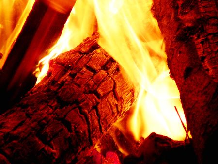 Close-up view of a campfire. The log has turned to charcoal already.