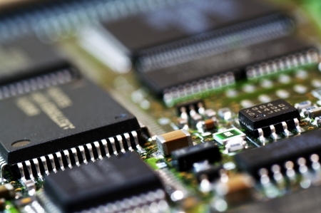 Clousep of a computer circuit board with Chips on it  Shallow depthf of field  
