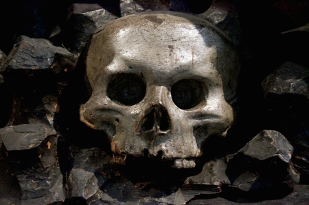 Human Skull, carved out of wood. Detail of an old artwork. の写真素材