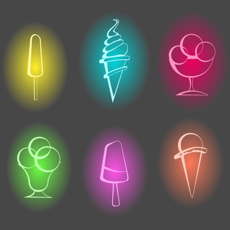 neon ice cream icons on a black backgroundのイラスト素材