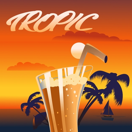 glass with cocktail, palm trees on tropical sky backgroundのイラスト素材