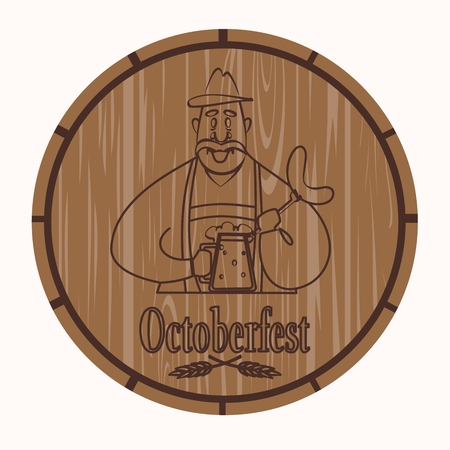 man with a mug of beer and sausage on a barrel backgroundのイラスト素材
