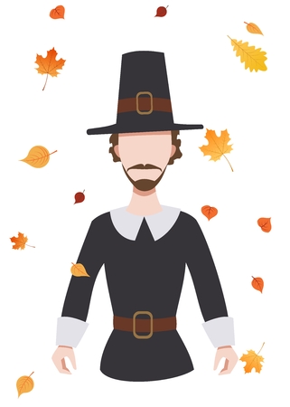 Pilgrim on the background of falling leaves, Thanksgiving Dayのイラスト素材