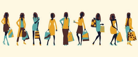 set of girls with shopping bagのイラスト素材
