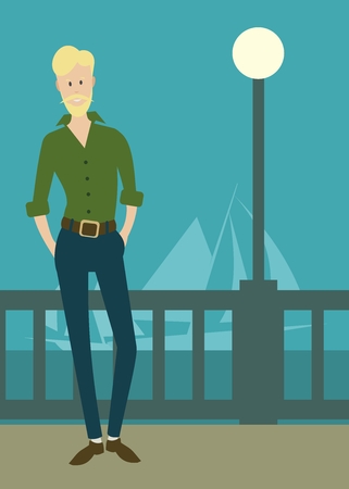 young man stands against the backdrop of sailboatsのイラスト素材