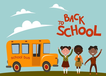 schoolchildren of different sexes are standing next to the school bus back to schoolのイラスト素材