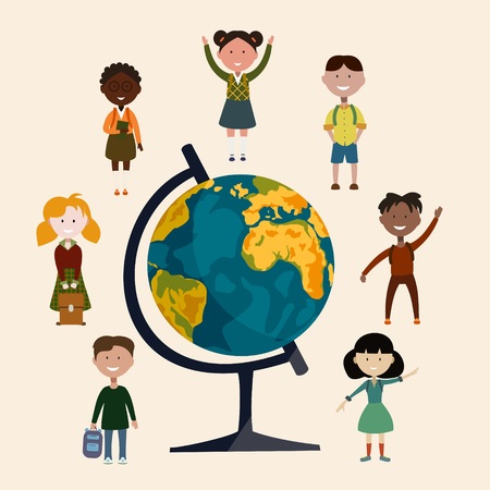 students of different races are standing around the globeのイラスト素材