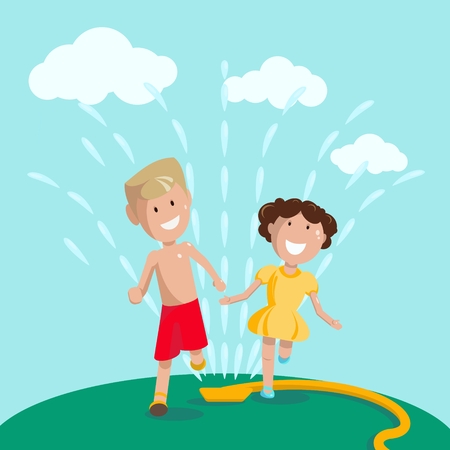 Happy kids run through water dropsのイラスト素材
