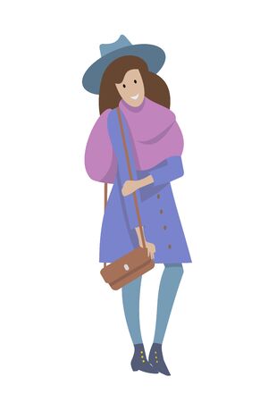 Girl in a hat, blue coat with a handbag, autumnのイラスト素材