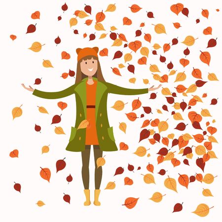 girl in autumn clothes standing under leaf fallのイラスト素材