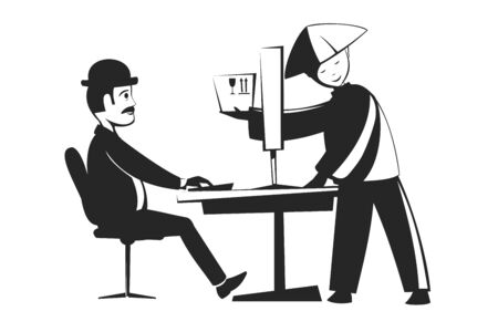 A Chinese man passes a packed box of goods through a monitor to a European man. Online shopping from China. Online store.のイラスト素材