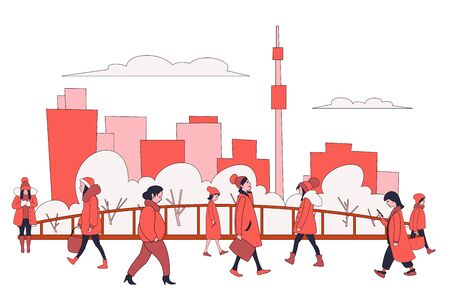Walking people in winter outerwear in a park on a background of a big city. Men and women walking, standing against the backdrop of the city landscape.のイラスト素材