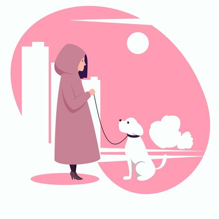 A girl in outerwear walking with a dog in a city park against the backdrop of the cityscape. Flat character, vector illustration.のイラスト素材