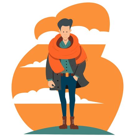 A young guy in outerwear with a large scarf in blue trousers on an abstract background. Flat vector character.のイラスト素材
