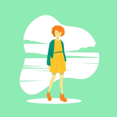 A young red-haired girl in a summer dress stands against the backdrop of a sea landscape. Travel and tourism. Flat vector character.のイラスト素材