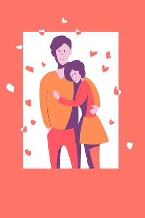 Young couple in love stands embracing. Boy and girl. Valentine's Day. Flat vector illustration.のイラスト素材