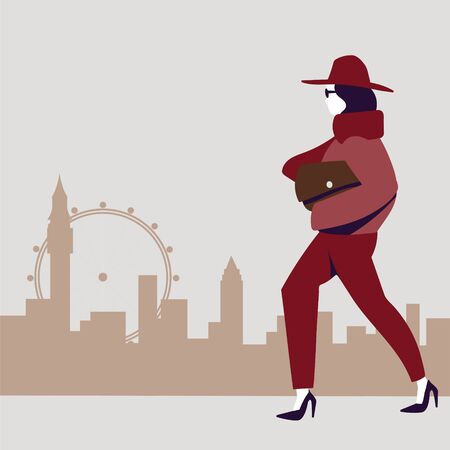 Girl in fashionable clothes walking against the background of a modern city. Flat vector illustration.のイラスト素材