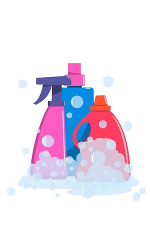 A variety of detergents in soap foam standing set isolated on a white background. Vector illustration.のイラスト素材