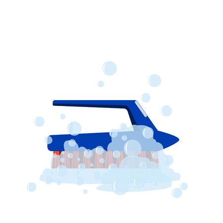 Blue cleaning brush in soap foam isolated on a white background. Vector illustration.のイラスト素材
