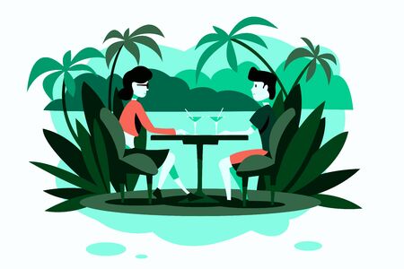 Loving couple sitting opposite each other at a table against a tropical landscape. Rest at the resort.Vector illustration.のイラスト素材